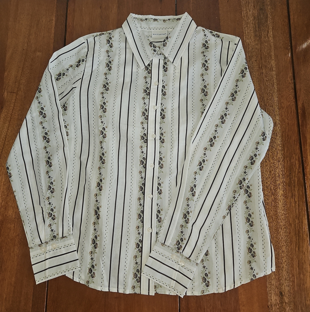 White Stag White Button-Up Shirt with Black Stripe and Floral Print
